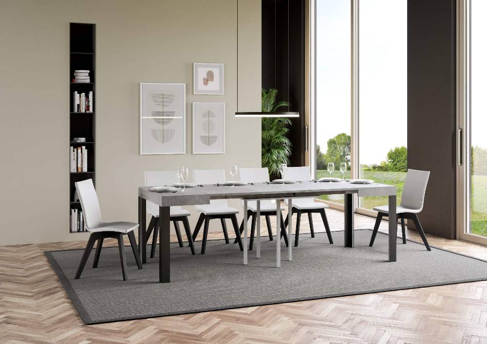 Itamoby Tavolo Linea Allungabile piano Cemento 90×90 Allungato 246 telaio Antracite Officina