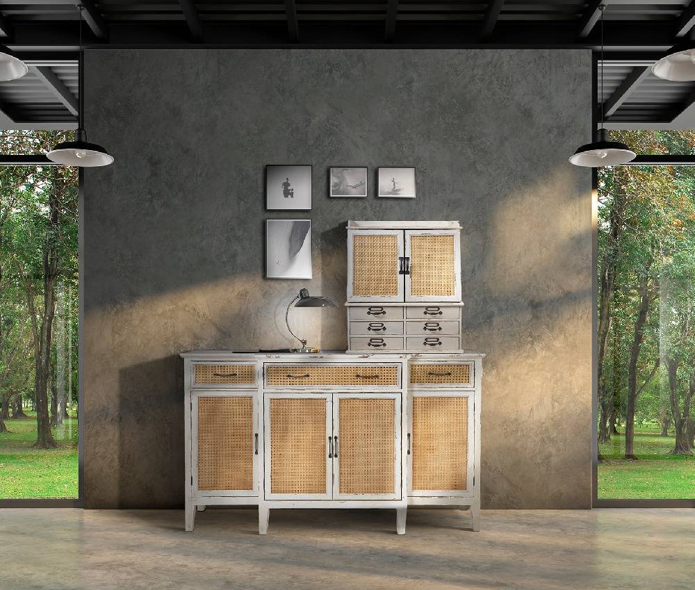 Novità Home Tonia - Credenza Bianco Antico - 3 Cassetti 4 Sportelli in Paglia Vienna Qualità