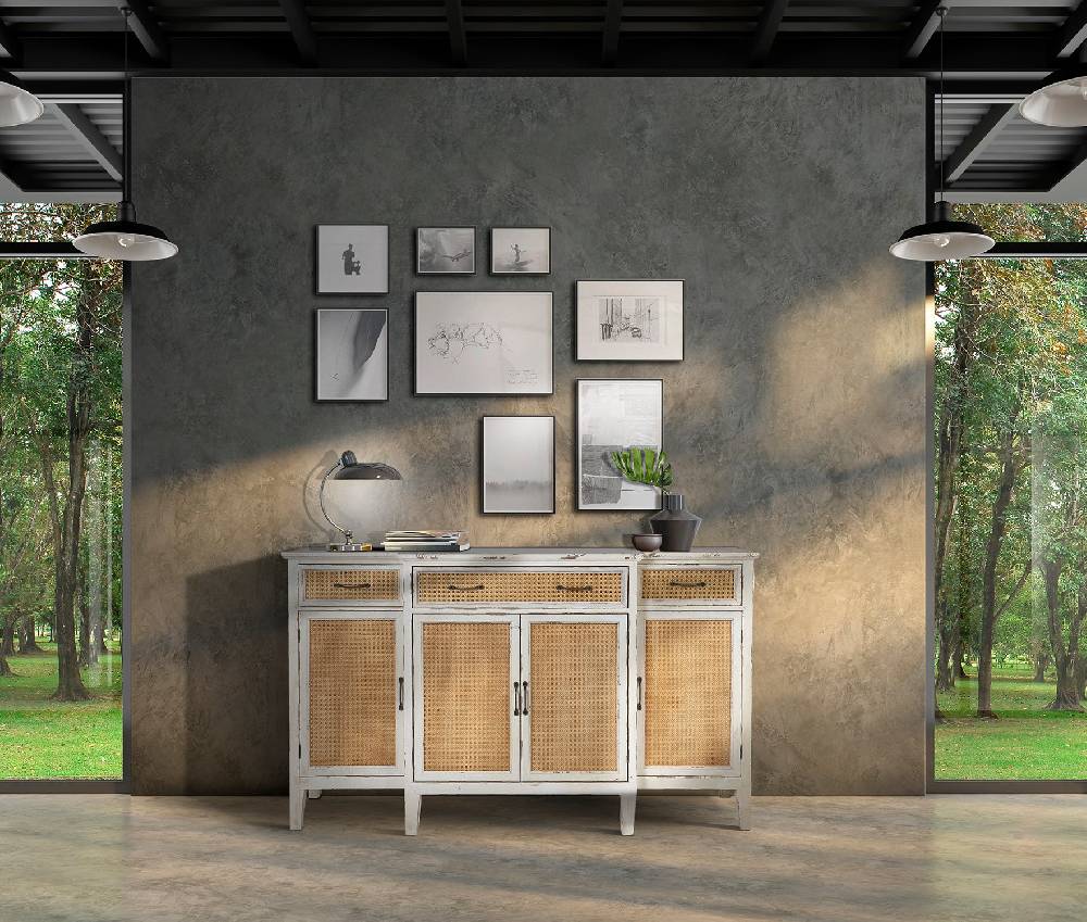 Novità Home Tonia - Credenza Bianco Antico - 3 Cassetti 4 Sportelli in Paglia Vienna Qualità