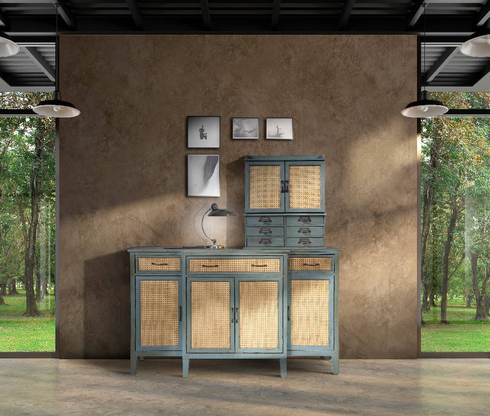 Novità Home Tonia - Credenza Verde Antico - 3 Cassetti 4 Sportelli in Paglia Vienna Pezzi Unici