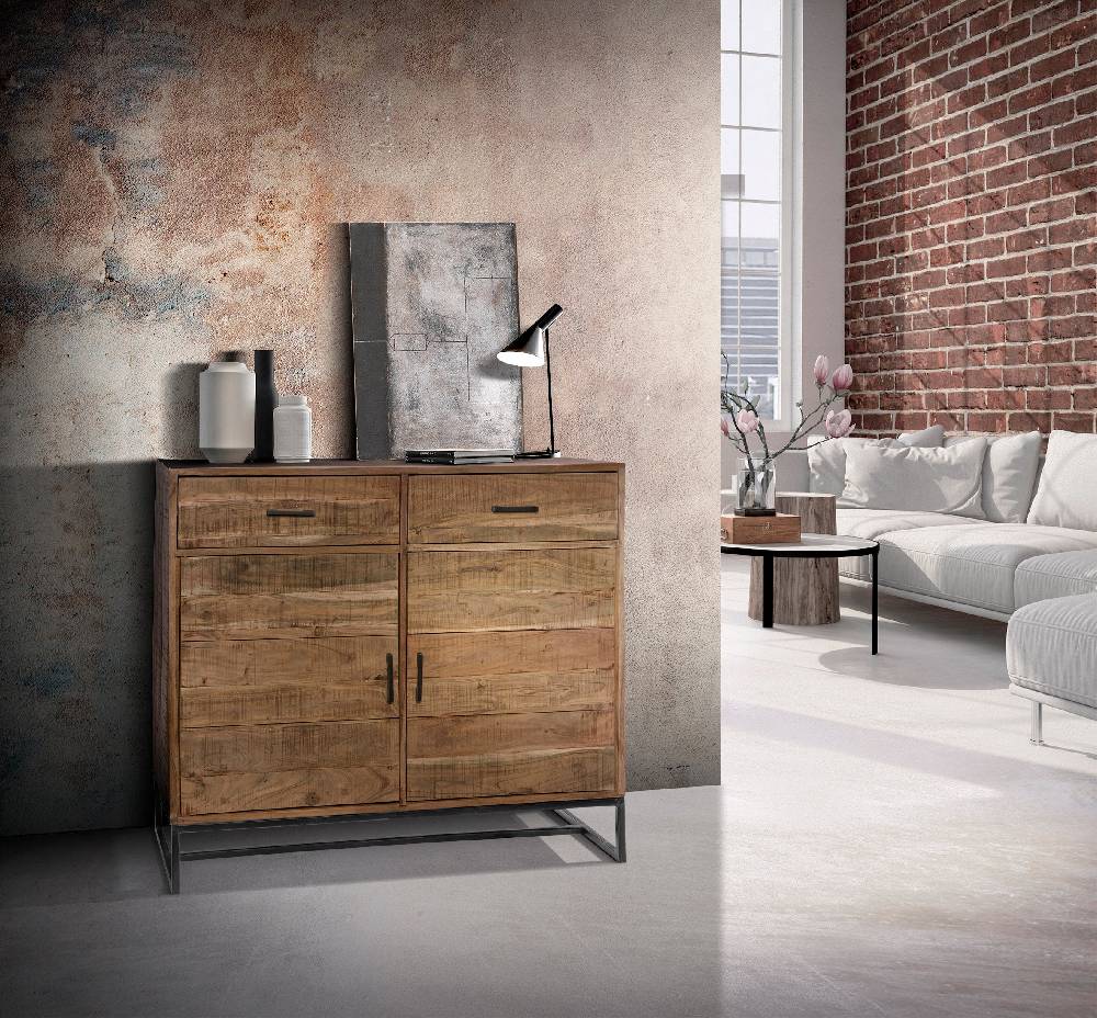 Novità Home Credenza alta 2 cassetti e sportelli in legno e metallo Solo un giorno rimasto