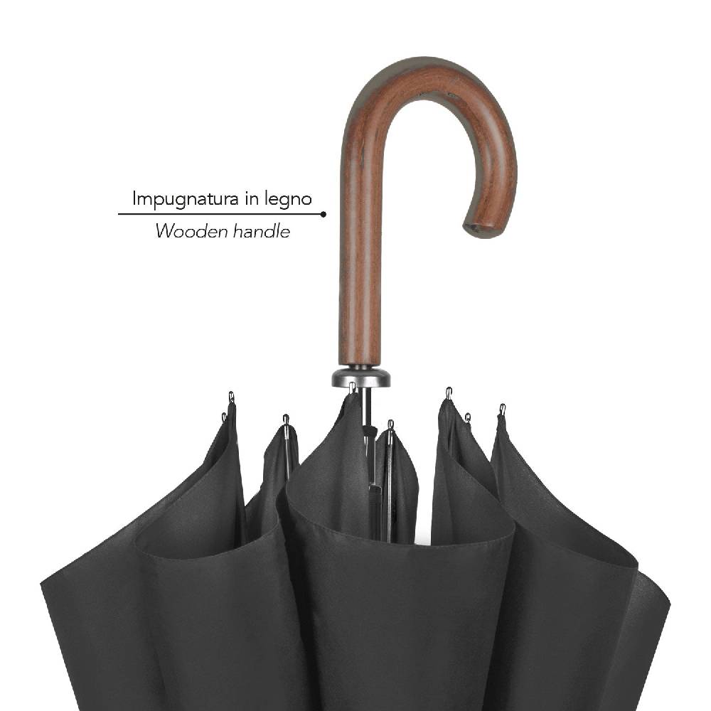 Perletti Ombrello Lungo Nero con Manico in Legno Online Outlet