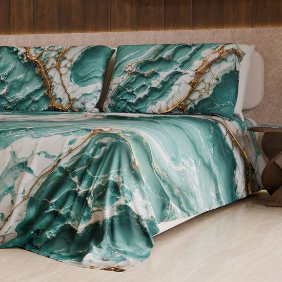 PETTI Lenzuolo Copriletto e Federe Eleganti Effetto Marmo Acquamarina - AQUATIQUE Pezzi Unici