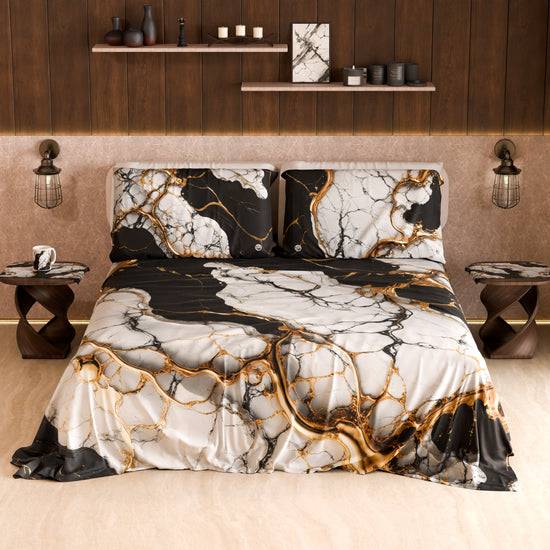PETTI Lenzuolo Copriletto e Federe Eleganti Effetto Marmo Nero Bianco - GILDENITE Qualità Garantita