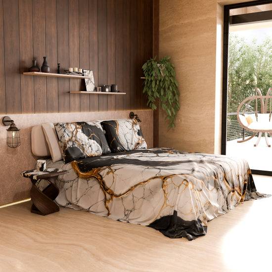 PETTI Lenzuolo Copriletto e Federe Eleganti Effetto Marmo Nero Bianco - GILDENITE Qualità Garantita