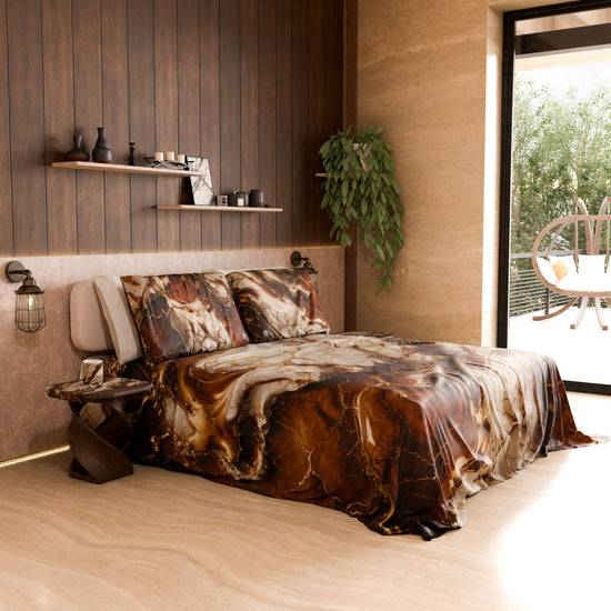 PETTI Lenzuolo Copriletto e Federe Eleganti Effetto Marmo Marrone - MOCHACCINO Fino Al -60%