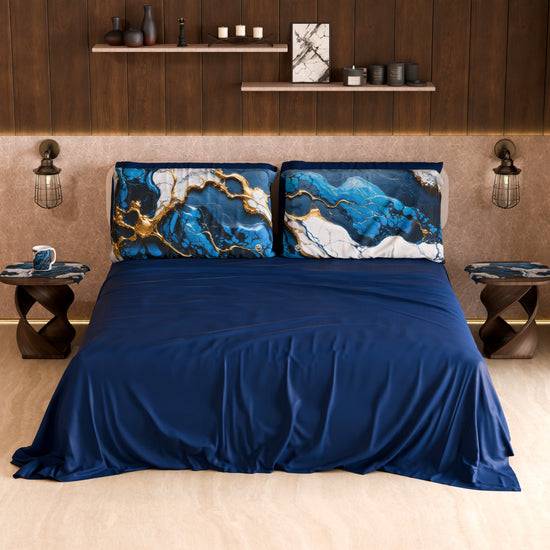 PETTI Lenzuolo Copriletto e Federe Eleganti Effetto Marmo Blu Notte - NAVYGLO Vendita Economica