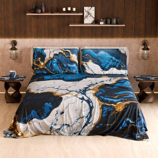PETTI Lenzuolo Copriletto e Federe Eleganti Effetto Marmo Blu Notte - NAVYGLO Vendita Economica