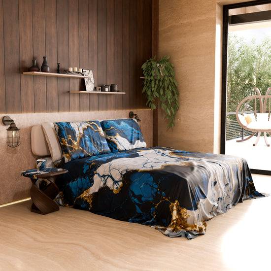 PETTI Lenzuolo Copriletto e Federe Eleganti Effetto Marmo Blu Notte - NAVYGLO Vendita Economica