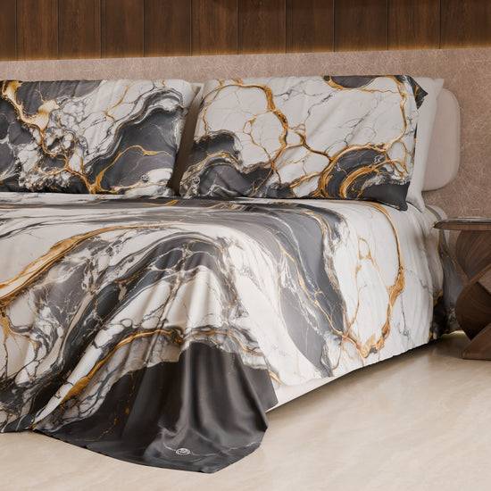 PETTI Lenzuolo Copriletto e Federe Eleganti Effetto Marmo Grigio Scuro - SMOKITE Presa