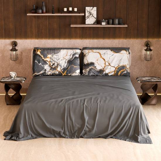 PETTI Lenzuolo Copriletto e Federe Eleganti Effetto Marmo Grigio Scuro - SMOKITE Presa