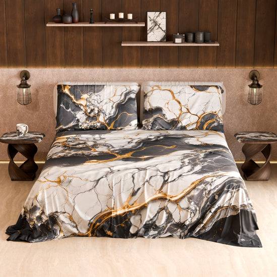 PETTI Lenzuolo Copriletto e Federe Eleganti Effetto Marmo Grigio Scuro - SMOKITE Presa