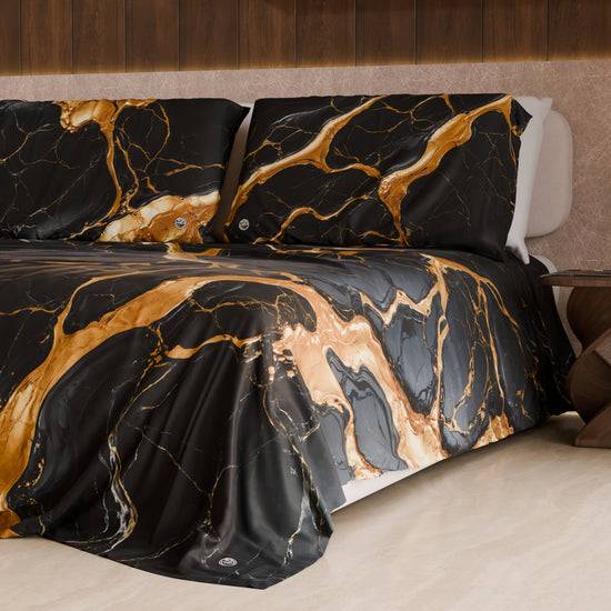 PETTI Lenzuolo Copriletto e Federe Eleganti Effetto Marmo Nero Oro - ONYXLITE Economico