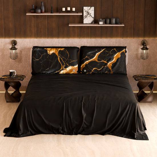 PETTI Lenzuolo Copriletto e Federe Eleganti Effetto Marmo Nero Oro - ONYXLITE Economico