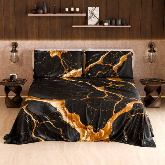 PETTI Lenzuolo Copriletto e Federe Eleganti Effetto Marmo Nero Oro - ONYXLITE Economico