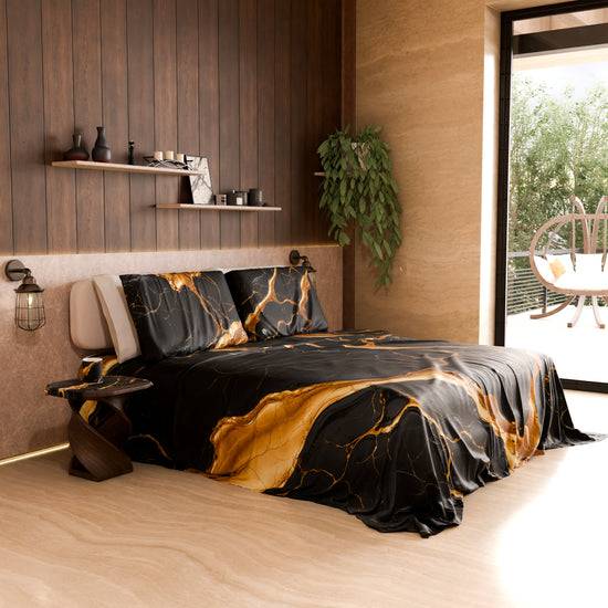 PETTI Lenzuolo Copriletto e Federe Eleganti Effetto Marmo Nero Oro - ONYXLITE Economico