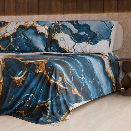 PETTI Lenzuolo Copriletto e Federe Eleganti Effetto Marmo Blu Oceano - OCEAGLINT Online