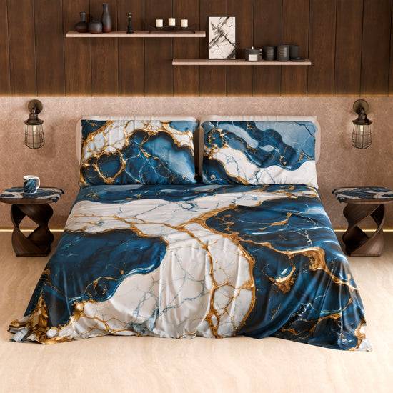 PETTI Lenzuolo Copriletto e Federe Eleganti Effetto Marmo Blu Oceano - OCEAGLINT Online