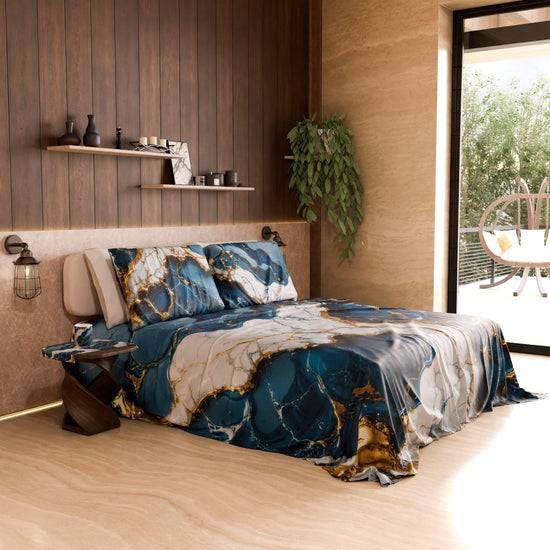 PETTI Lenzuolo Copriletto e Federe Eleganti Effetto Marmo Blu Oceano - OCEAGLINT Online