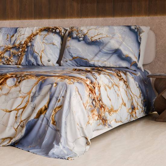 PETTI Lenzuolo Copriletto e Federe Eleganti Effetto Marmo Indaco - PERIWINKY In Vendita