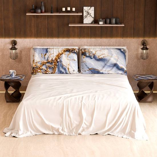 PETTI Lenzuolo Copriletto e Federe Eleganti Effetto Marmo Indaco - PERIWINKY In Vendita