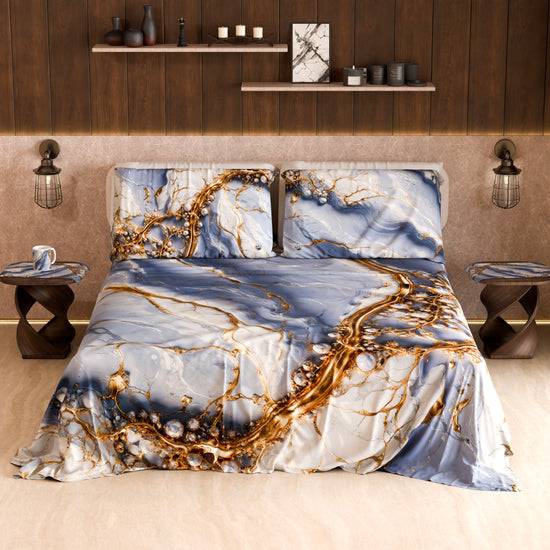 PETTI Lenzuolo Copriletto e Federe Eleganti Effetto Marmo Indaco - PERIWINKY In Vendita