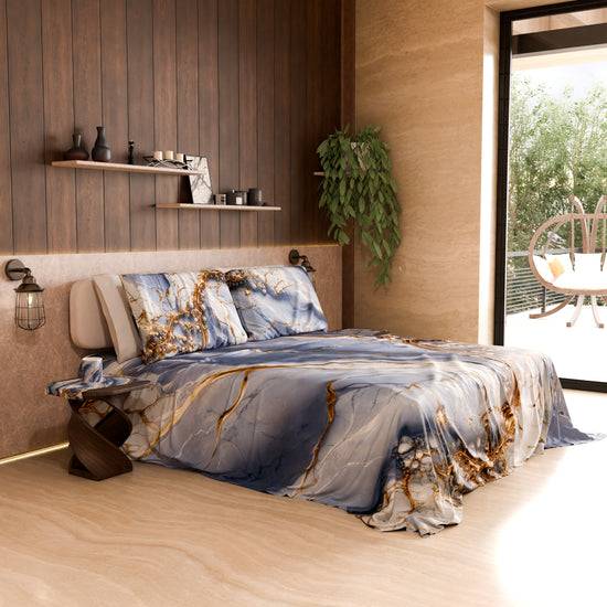 PETTI Lenzuolo Copriletto e Federe Eleganti Effetto Marmo Indaco - PERIWINKY In Vendita