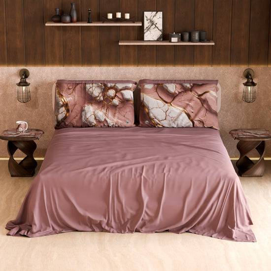 PETTI Lenzuolo Copriletto e Federe Eleganti Effetto Marmo Malva - MAUVELUXE Saldi