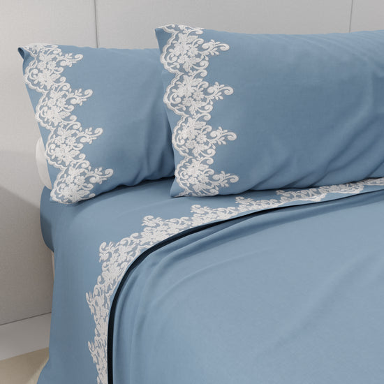 PETTI Lenzuola Percalle con Pizzo, Lenzuola Matrimoniali Cotone Azzurro Promozione Limitata