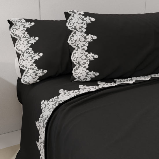 PETTI Lenzuola Percalle con Pizzo, Lenzuola Matrimoniali Cotone Nero Sottocosto
