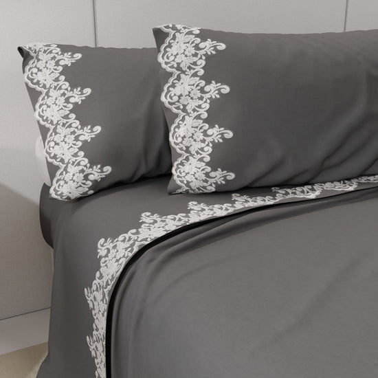 PETTI Lenzuola Percalle con Pizzo, Lenzuola Matrimoniali Cotone Grigio Fumo Novità