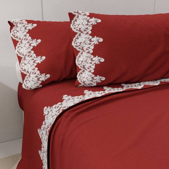 PETTI Lenzuola Percalle con Pizzo, Lenzuola Matrimoniali Cotone Bordeaux Presa