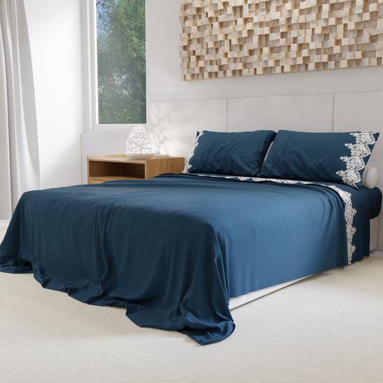 PETTI Lenzuola Percalle con Pizzo, Lenzuola Matrimoniali Cotone Blu Marino Sconto
