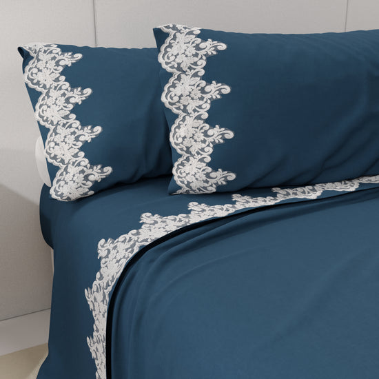PETTI Lenzuola Percalle con Pizzo, Lenzuola Matrimoniali Cotone Blu Marino Sconto