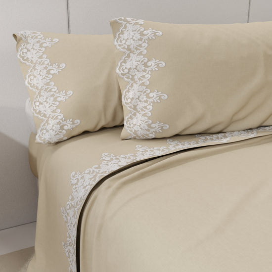 PETTI Lenzuola Percalle con Pizzo, Lenzuola Matrimoniali Cotone Beige Economico