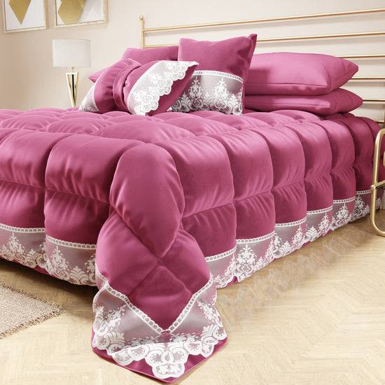 PETTI Trapunta Invernale in Morbido e Caldo Velluto e Balza con Pizzo Rebrodè Fucsia By Sissy Online Outlet