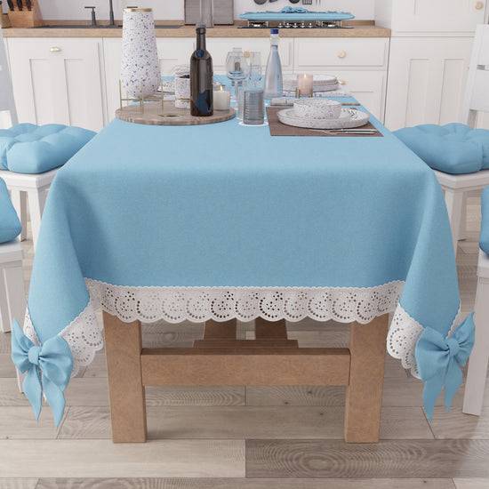 PETTI Tovaglia da Tavola Shabby Chic Copritavolo con Pizzo e Fiocchi Celeste ACQUISTA ORA