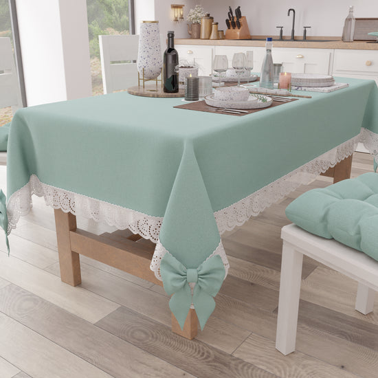 PETTI Tovaglia da Tavola Shabby Chic Copritavolo con Pizzo e Fiocchi Verde Acqua