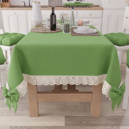 PETTI Tovaglia da Tavola Shabby Chic Copritavolo con Pizzo e Fiocchi Verde Fino al 50% di sconto
