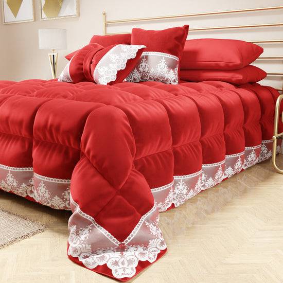 PETTI Trapunta Invernale in Morbido e Caldo Velluto e Balza con Pizzo Rebrodè Rosso By Sissy Offerta speciale della fabbrica
