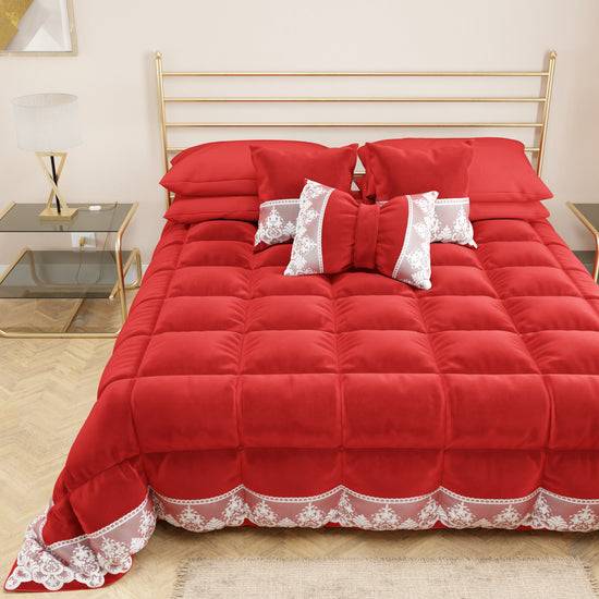 PETTI Trapunta Invernale in Morbido e Caldo Velluto e Balza con Pizzo Rebrodè Rosso By Sissy Offerta speciale della fabbrica