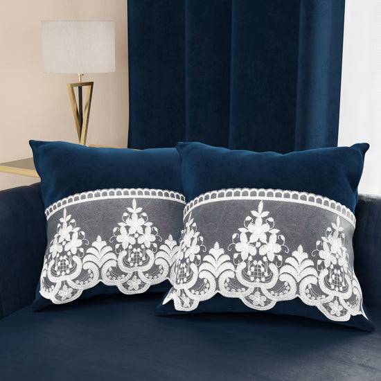 PETTI Cuscini Arredo in Velluto e Balza con Pizzo Rebrodè 2pz, Cuscini divano Blu By Sissy I Più Venduti