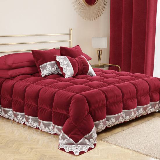 PETTI Cuscini Arredo in Velluto e Balza con Pizzo Rebrodè 2pz, Cuscini divano Bordeaux By Sissy Nuova