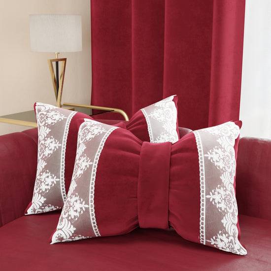 PETTI Cuscino Arredo Fiocco in Velluto e Balza con Pizzo Rebrodè 40x50 cm, Cuscino divano Bordeaux By Sissy