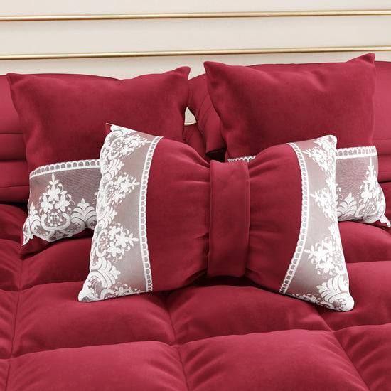 PETTI Cuscino Arredo Fiocco in Velluto e Balza con Pizzo Rebrodè 40x50 cm, Cuscino divano Bordeaux By Sissy Spedizione gratuita
