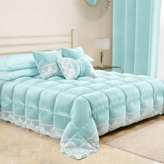 PETTI Cuscini Arredo in Velluto e Balza con Pizzo Rebrodè 2pz, Cuscini divano Celeste By Sissy Negozio online di fabbrica
