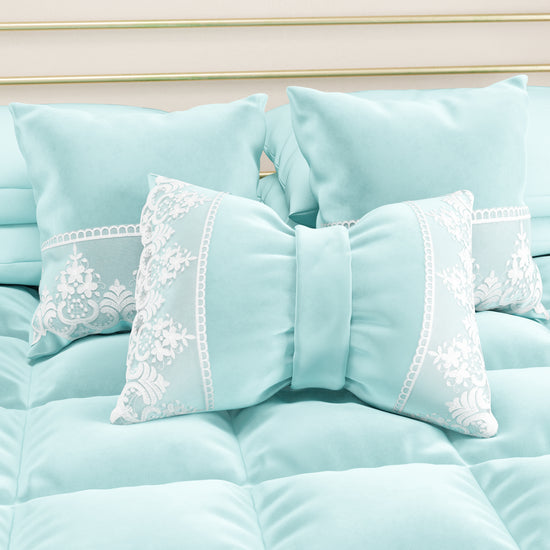 PETTI Cuscino Arredo Fiocco in Velluto e Balza con Pizzo Rebrodè 40x50 cm, Cuscino divano Celeste By Sissy Offerta speciale