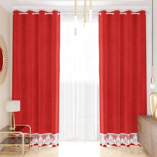 PETTI Tenda a Pannello in Velluto per Interni con Anelli e Pizzo Rebrodè, 140x280 cm, Rosso by Sissy Vendita