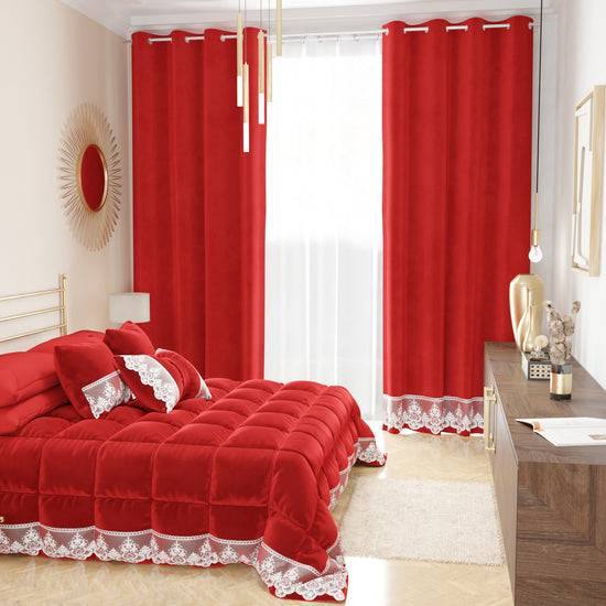 PETTI Tenda a Pannello in Velluto per Interni con Anelli e Pizzo Rebrodè, 140x280 cm, Rosso by Sissy Vendita