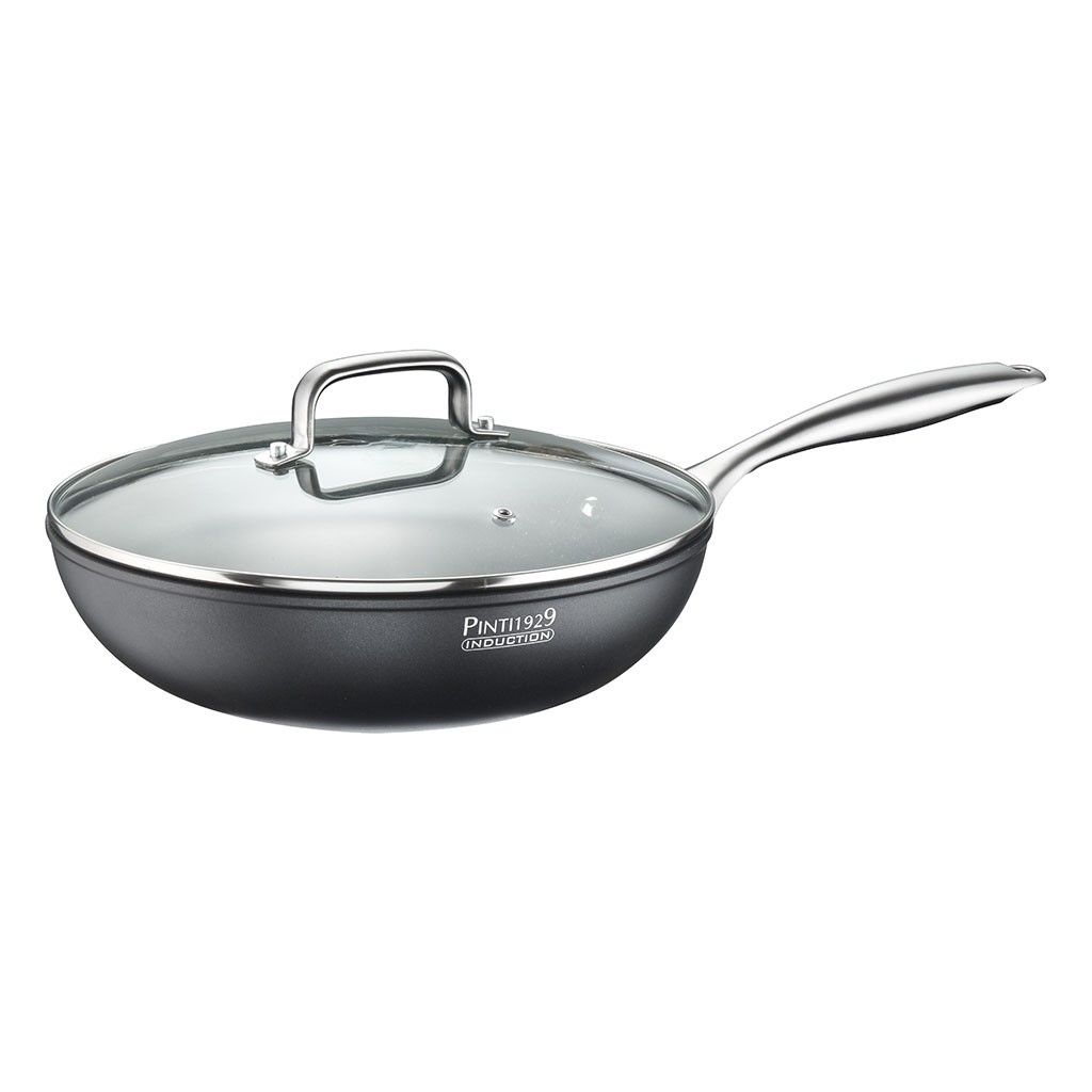 Pintinox ST1 » Wok Ø 28 cm in alluminio con rivestimento interno antiaderente con coperchio In Linea